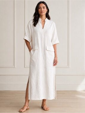 Soft Surroundings Kavala 100% Linen Maxi Dress Ivory Quiet Luxury Petite XS